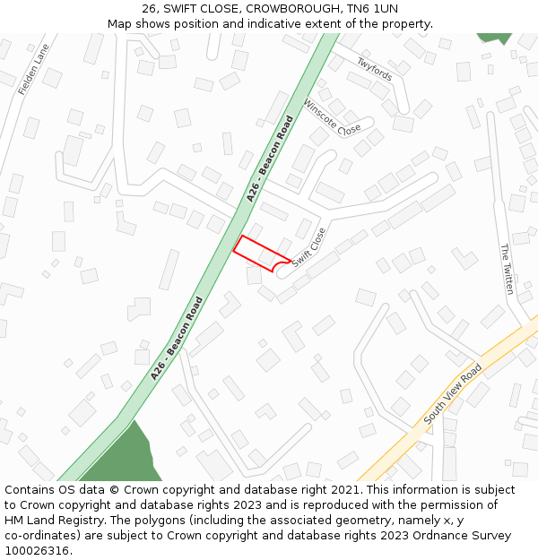 26, SWIFT CLOSE, CROWBOROUGH, TN6 1UN: Location map and indicative extent of plot