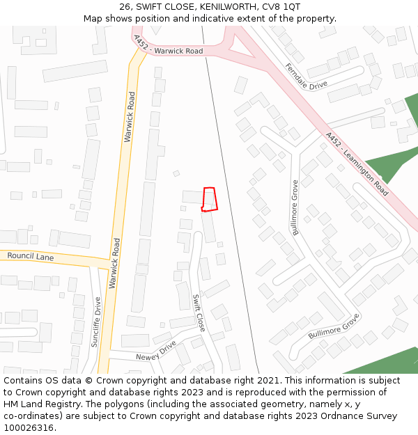 26, SWIFT CLOSE, KENILWORTH, CV8 1QT: Location map and indicative extent of plot