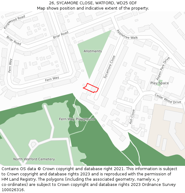 26, SYCAMORE CLOSE, WATFORD, WD25 0DF: Location map and indicative extent of plot