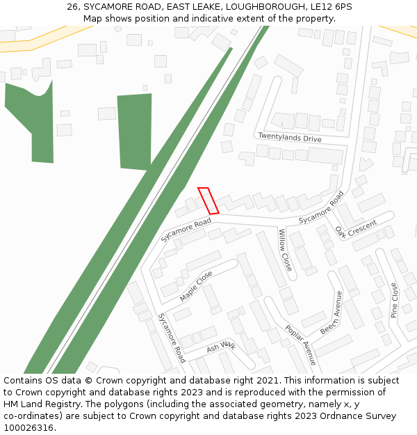 26, SYCAMORE ROAD, EAST LEAKE, LOUGHBOROUGH, LE12 6PS: Location map and indicative extent of plot