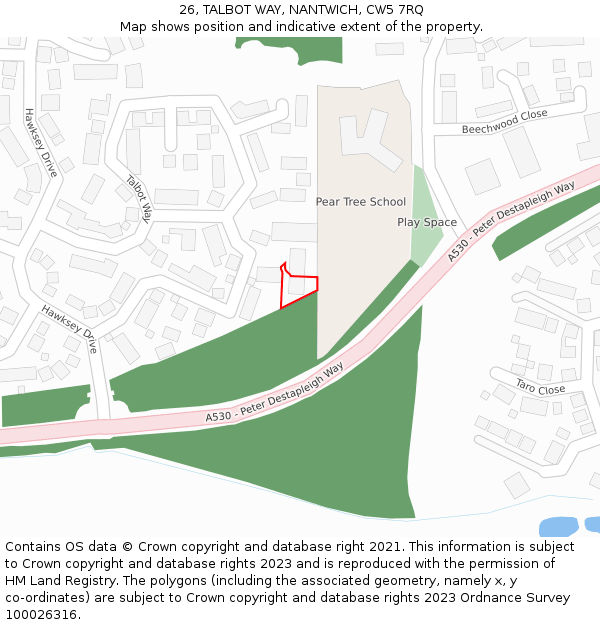 26, TALBOT WAY, NANTWICH, CW5 7RQ: Location map and indicative extent of plot