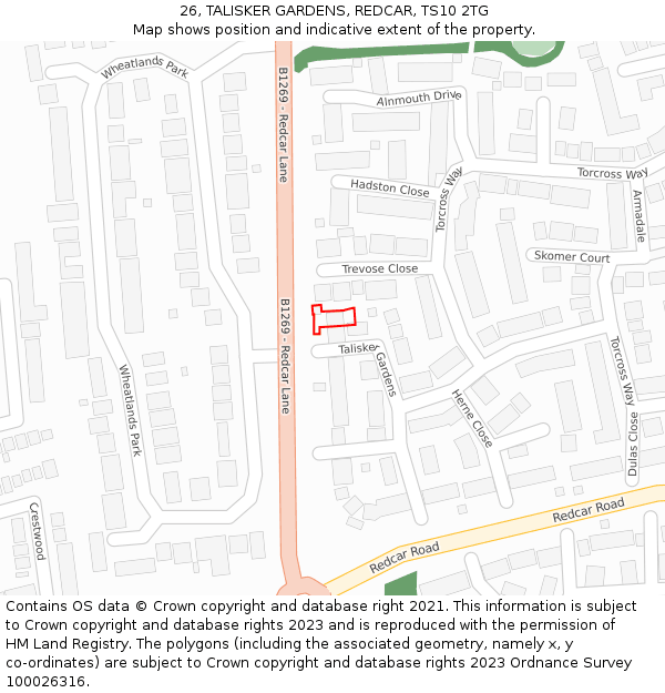 26, TALISKER GARDENS, REDCAR, TS10 2TG: Location map and indicative extent of plot