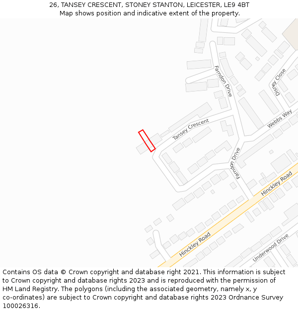 26, TANSEY CRESCENT, STONEY STANTON, LEICESTER, LE9 4BT: Location map and indicative extent of plot