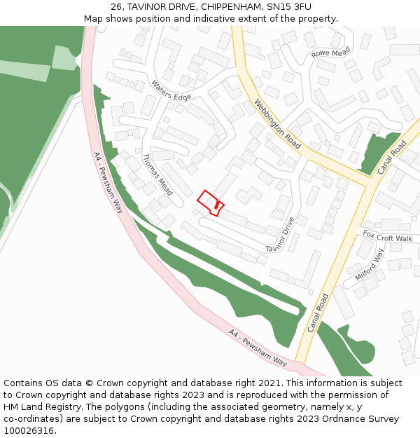 26, TAVINOR DRIVE, CHIPPENHAM, SN15 3FU: Location map and indicative extent of plot