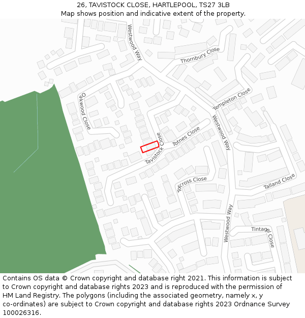 26, TAVISTOCK CLOSE, HARTLEPOOL, TS27 3LB: Location map and indicative extent of plot