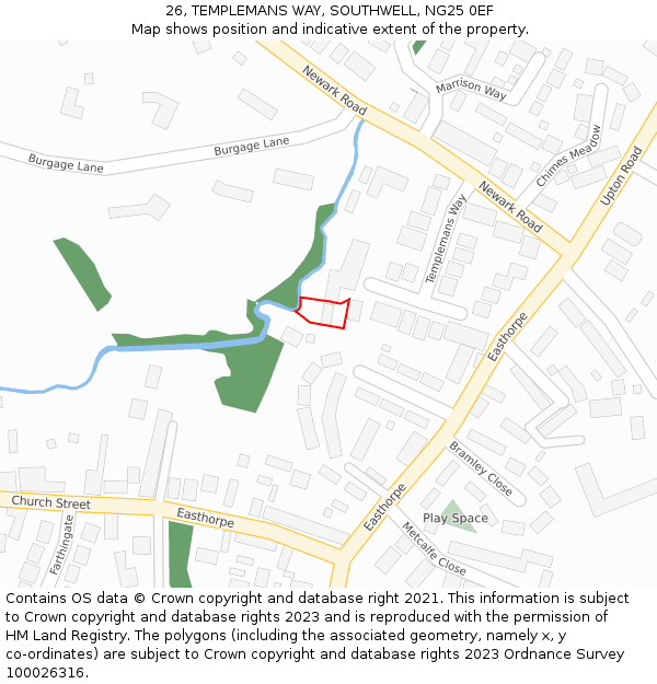 26, TEMPLEMANS WAY, SOUTHWELL, NG25 0EF: Location map and indicative extent of plot