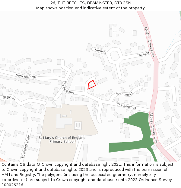 26, THE BEECHES, BEAMINSTER, DT8 3SN: Location map and indicative extent of plot