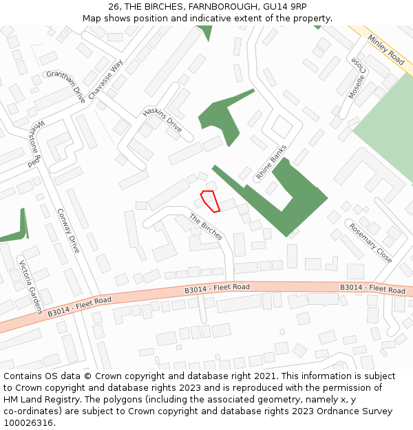 26, THE BIRCHES, FARNBOROUGH, GU14 9RP: Location map and indicative extent of plot