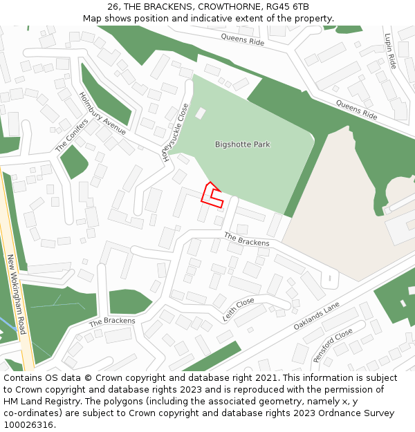 26, THE BRACKENS, CROWTHORNE, RG45 6TB: Location map and indicative extent of plot