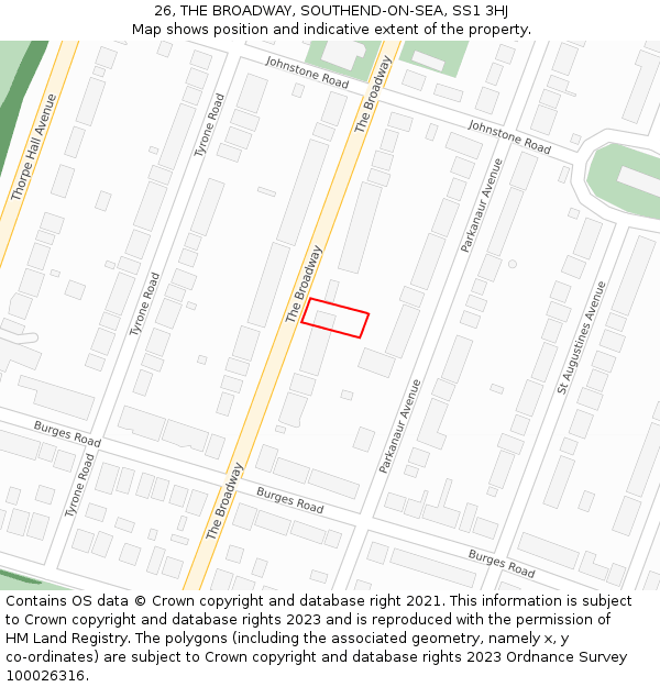 26, THE BROADWAY, SOUTHEND-ON-SEA, SS1 3HJ: Location map and indicative extent of plot