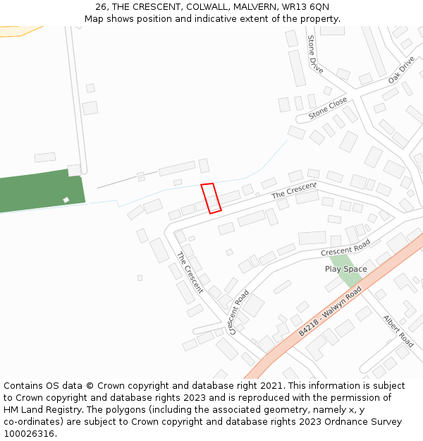 26, THE CRESCENT, COLWALL, MALVERN, WR13 6QN: Location map and indicative extent of plot