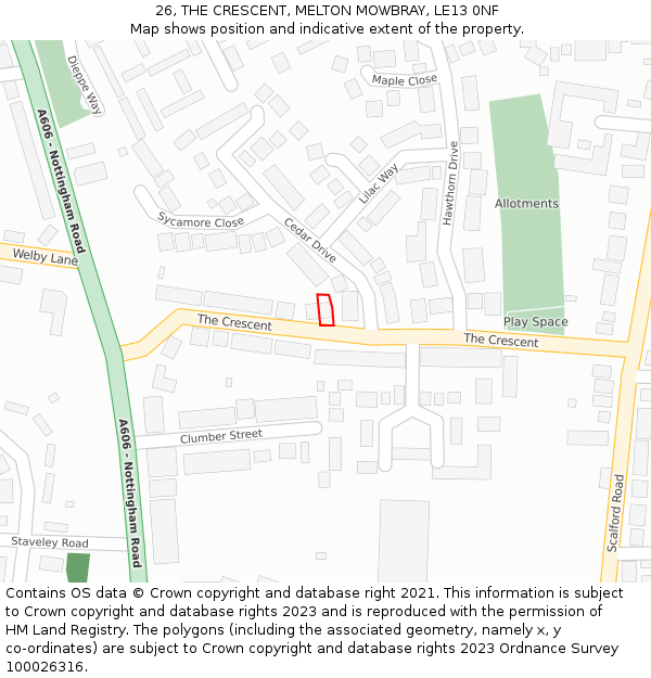 26, THE CRESCENT, MELTON MOWBRAY, LE13 0NF: Location map and indicative extent of plot