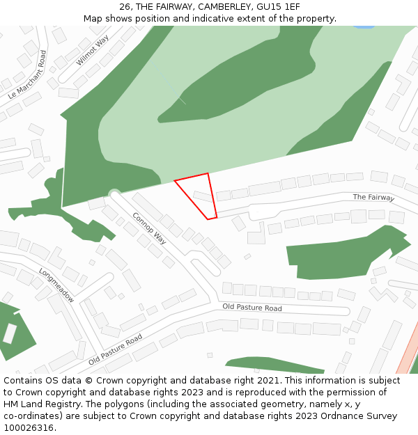 26, THE FAIRWAY, CAMBERLEY, GU15 1EF: Location map and indicative extent of plot