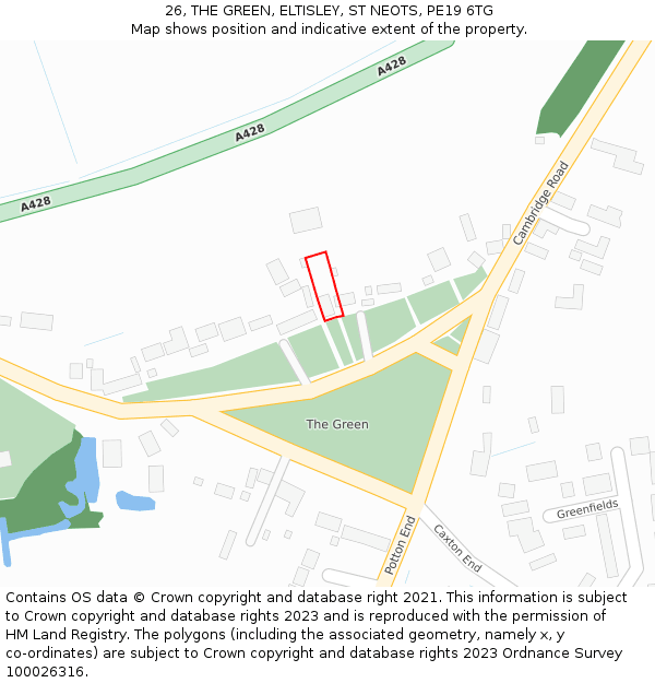 26, THE GREEN, ELTISLEY, ST NEOTS, PE19 6TG: Location map and indicative extent of plot