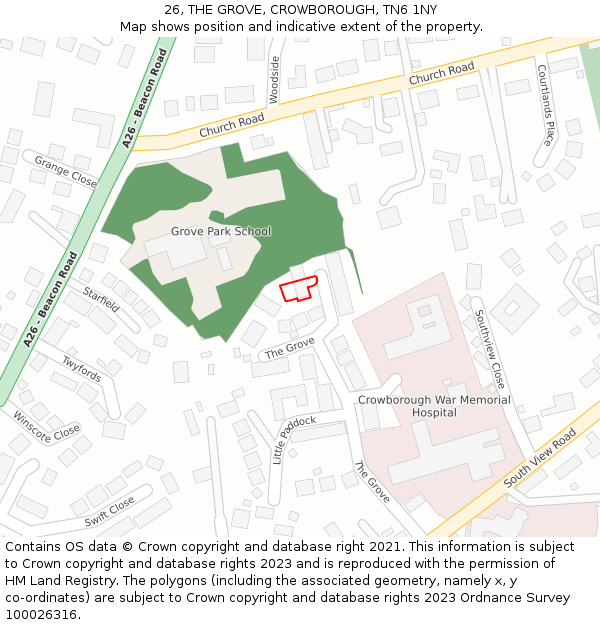 26, THE GROVE, CROWBOROUGH, TN6 1NY: Location map and indicative extent of plot