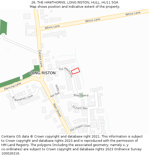 26, THE HAWTHORNS, LONG RISTON, HULL, HU11 5GA: Location map and indicative extent of plot