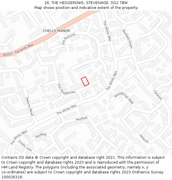 26, THE HEDGEROWS, STEVENAGE, SG2 7BW: Location map and indicative extent of plot