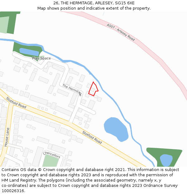 26, THE HERMITAGE, ARLESEY, SG15 6XE: Location map and indicative extent of plot