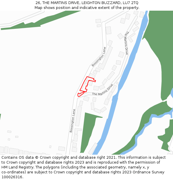 26, THE MARTINS DRIVE, LEIGHTON BUZZARD, LU7 2TQ: Location map and indicative extent of plot