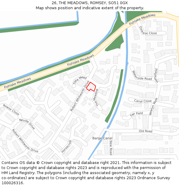 26, THE MEADOWS, ROMSEY, SO51 0GX: Location map and indicative extent of plot