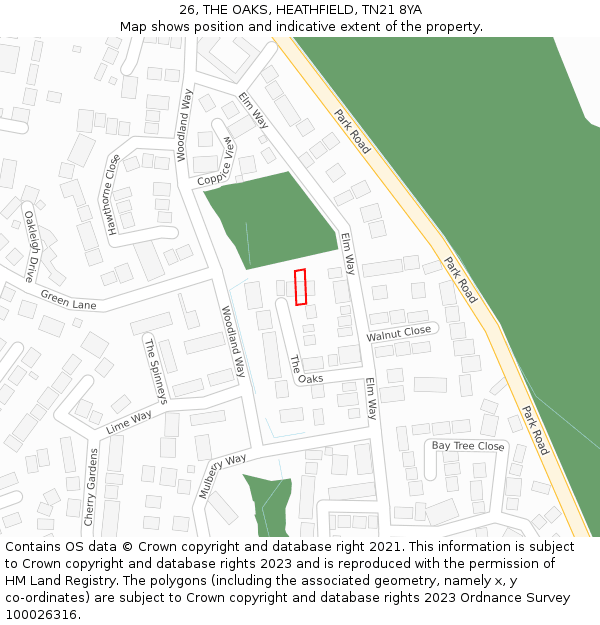 26, THE OAKS, HEATHFIELD, TN21 8YA: Location map and indicative extent of plot