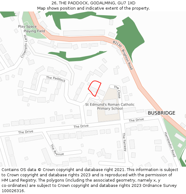 26, THE PADDOCK, GODALMING, GU7 1XD: Location map and indicative extent of plot