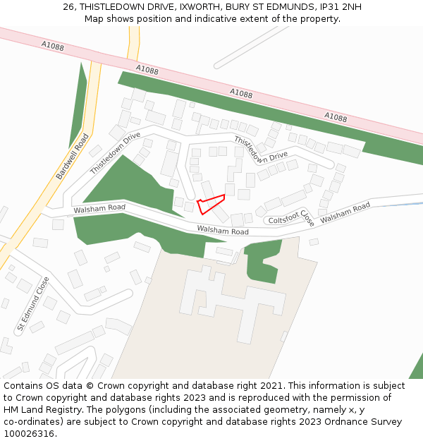 26, THISTLEDOWN DRIVE, IXWORTH, BURY ST EDMUNDS, IP31 2NH: Location map and indicative extent of plot