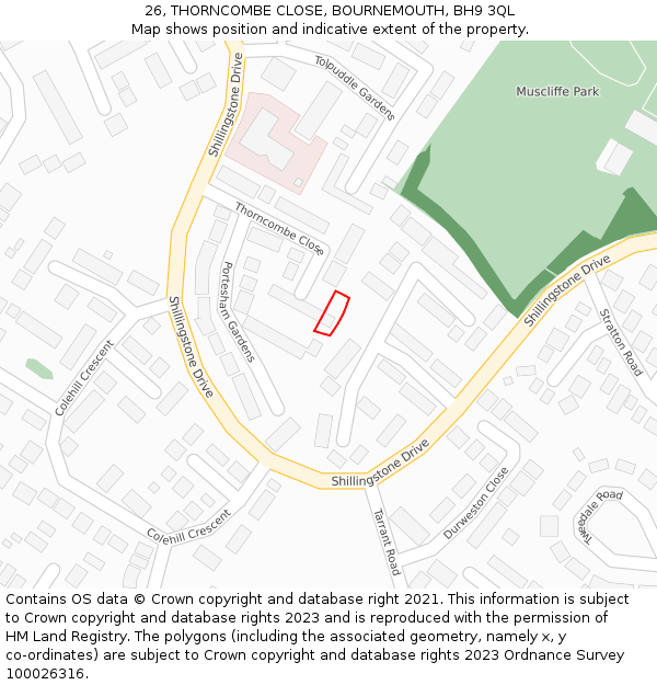 26, THORNCOMBE CLOSE, BOURNEMOUTH, BH9 3QL: Location map and indicative extent of plot