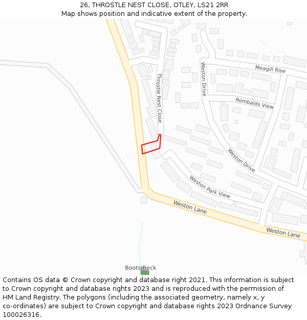 26, THROSTLE NEST CLOSE, OTLEY, LS21 2RR: Location map and indicative extent of plot