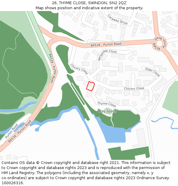 26, THYME CLOSE, SWINDON, SN2 2QZ: Location map and indicative extent of plot