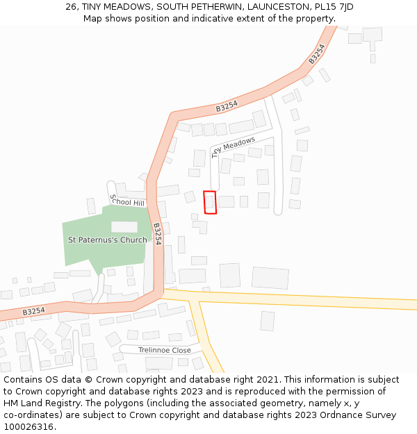 26, TINY MEADOWS, SOUTH PETHERWIN, LAUNCESTON, PL15 7JD: Location map and indicative extent of plot