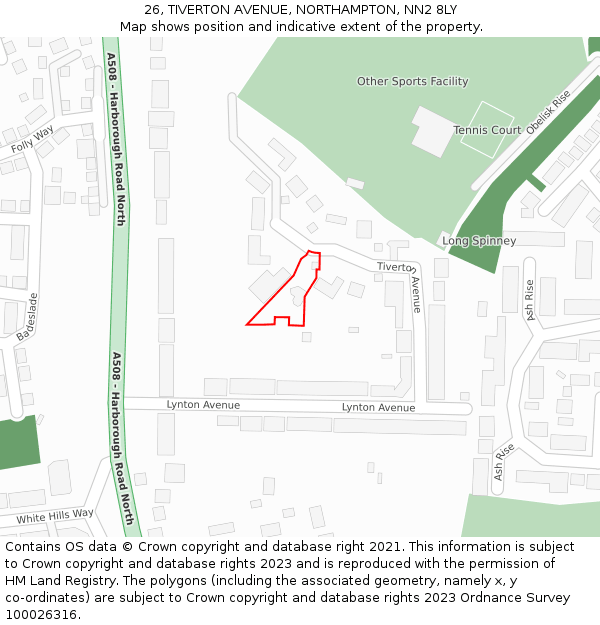 26, TIVERTON AVENUE, NORTHAMPTON, NN2 8LY: Location map and indicative extent of plot