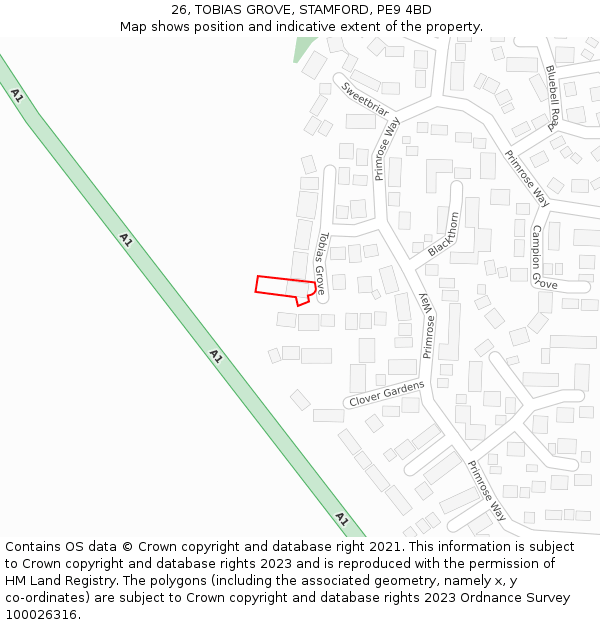 26, TOBIAS GROVE, STAMFORD, PE9 4BD: Location map and indicative extent of plot