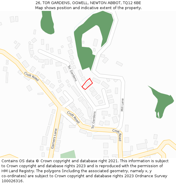 26, TOR GARDENS, OGWELL, NEWTON ABBOT, TQ12 6BE: Location map and indicative extent of plot