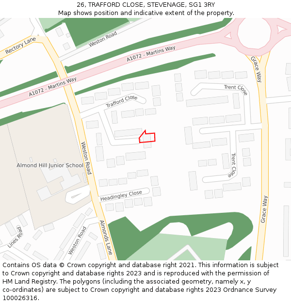 26, TRAFFORD CLOSE, STEVENAGE, SG1 3RY: Location map and indicative extent of plot