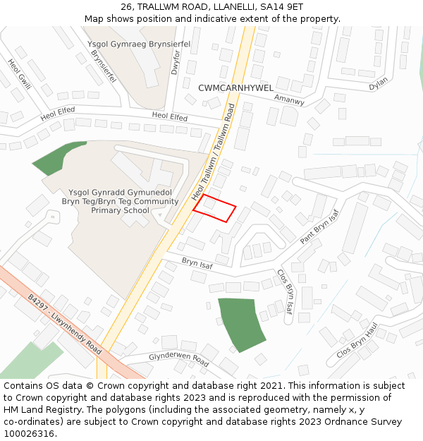 26, TRALLWM ROAD, LLANELLI, SA14 9ET: Location map and indicative extent of plot