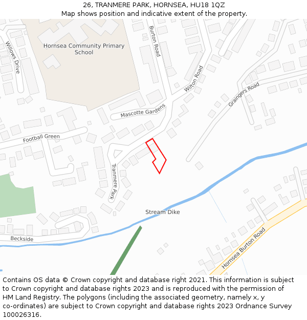 26, TRANMERE PARK, HORNSEA, HU18 1QZ: Location map and indicative extent of plot