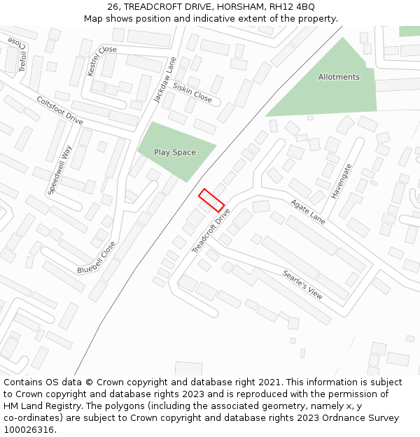 26, TREADCROFT DRIVE, HORSHAM, RH12 4BQ: Location map and indicative extent of plot