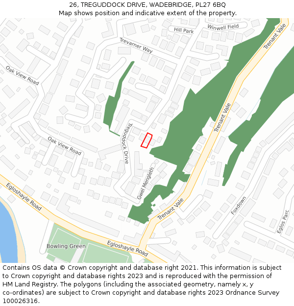 26, TREGUDDOCK DRIVE, WADEBRIDGE, PL27 6BQ: Location map and indicative extent of plot