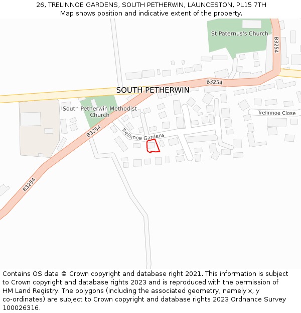 26, TRELINNOE GARDENS, SOUTH PETHERWIN, LAUNCESTON, PL15 7TH: Location map and indicative extent of plot