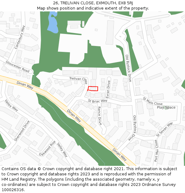 26, TRELIVAN CLOSE, EXMOUTH, EX8 5RJ: Location map and indicative extent of plot