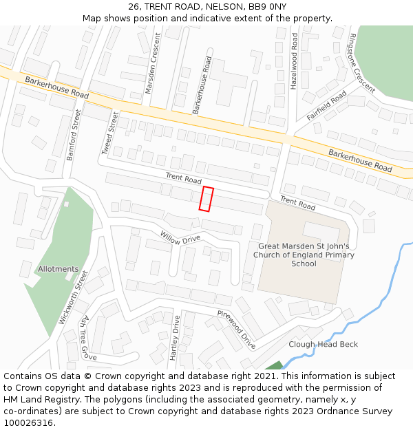 26, TRENT ROAD, NELSON, BB9 0NY: Location map and indicative extent of plot