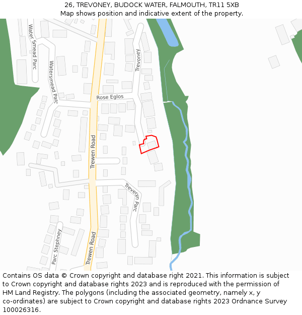 26, TREVONEY, BUDOCK WATER, FALMOUTH, TR11 5XB: Location map and indicative extent of plot