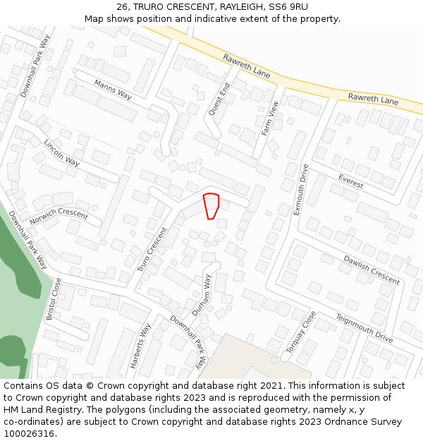 26, TRURO CRESCENT, RAYLEIGH, SS6 9RU: Location map and indicative extent of plot