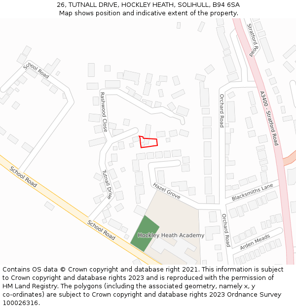 26, TUTNALL DRIVE, HOCKLEY HEATH, SOLIHULL, B94 6SA: Location map and indicative extent of plot