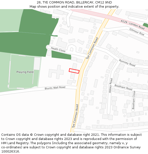 26, TYE COMMON ROAD, BILLERICAY, CM12 9ND: Location map and indicative extent of plot