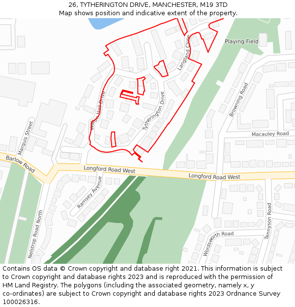 26, TYTHERINGTON DRIVE, MANCHESTER, M19 3TD: Location map and indicative extent of plot