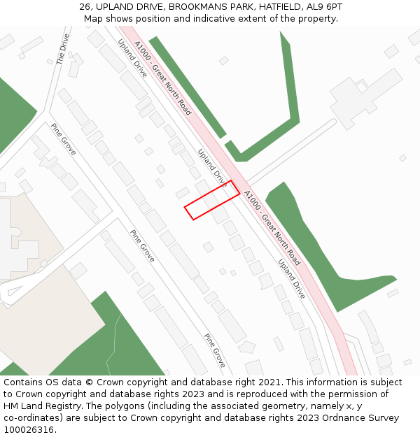 26, UPLAND DRIVE, BROOKMANS PARK, HATFIELD, AL9 6PT: Location map and indicative extent of plot