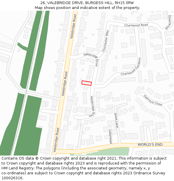 26, VALEBRIDGE DRIVE, BURGESS HILL, RH15 0RW: Location map and indicative extent of plot