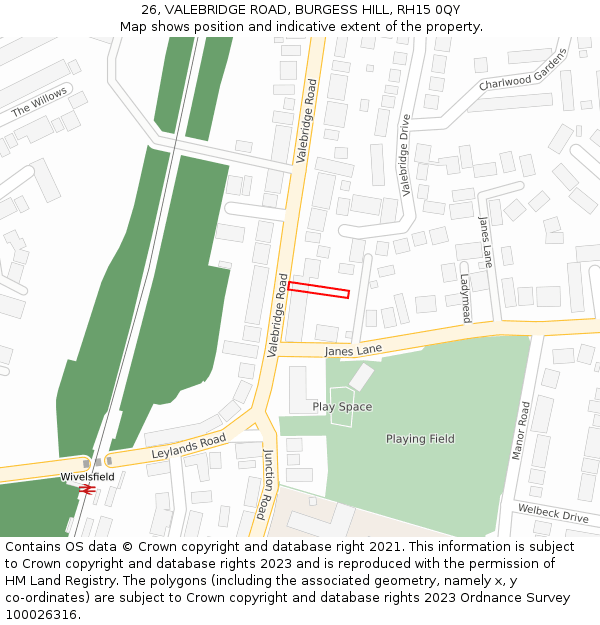 26, VALEBRIDGE ROAD, BURGESS HILL, RH15 0QY: Location map and indicative extent of plot